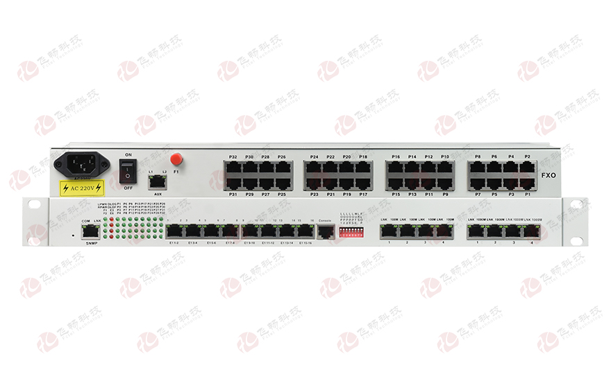 飛暢科技-32路電話+16E1+4FE+4GE+2路數(shù)據(jù)+SNMP+console（19英寸，物理隔離）電話光端機