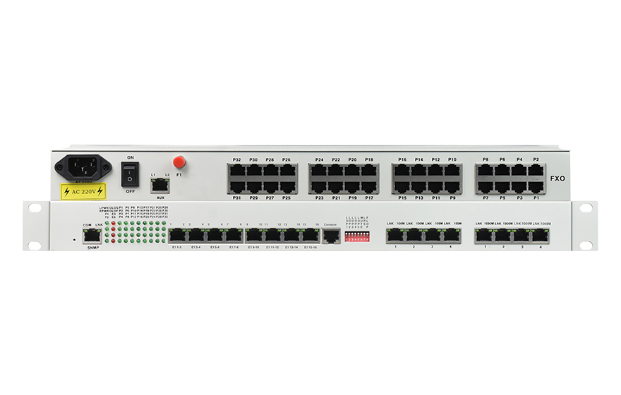 飛暢科技-32路電話+16E1+4FE+4GE+2路數(shù)據(jù)+SNMP+console（19英寸，物理隔離）電話光端機